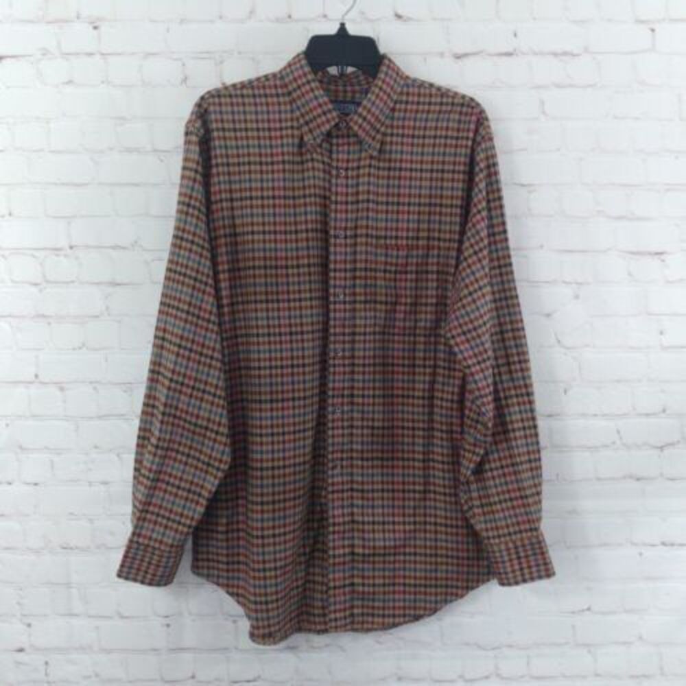 Lands End Shirt Mens Large 16-16 1\2 Brown Plaid Long Sleeve Cotton Button Up